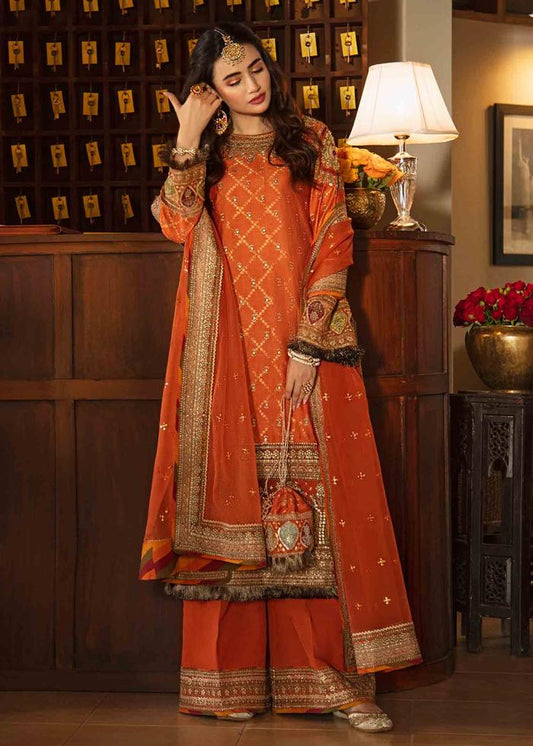 Shadmaani Qalamkar by Ayzal Fatimah | Rust Fancy Organza 3PC Wedding Suit