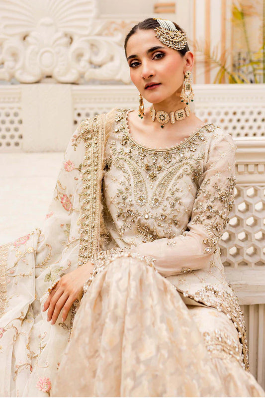 Maria B. Couture Ivory Gold by Ayzal Fatimah | Nikah Series Hand Embellished Organza 4pcs Suit