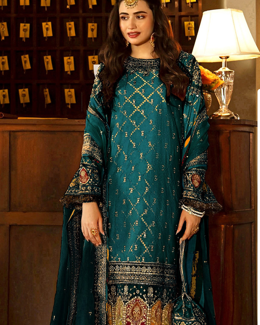 Shadmaani Qalamkar by Ayzal Fatimah | Zinc Fancy Organza 3PC Wedding Suit