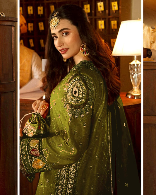 Shadmaani - Qalamkar by Ayzal Fatimah | Green Fancy Organza 3PC Wedding Suit