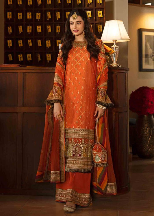 Shadmaani Qalamkar by Ayzal Fatimah | Rust Fancy Organza 3PC Wedding Suit