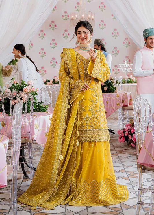 Meena Akbar Aslam by Ayzal Fatimah | Mustard Fancy Organza 4PC Wedding Suit