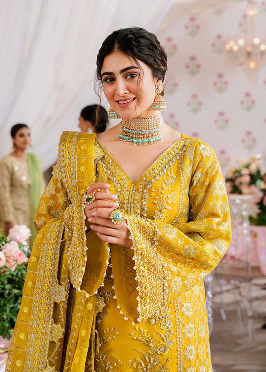 Meena Akbar Aslam by Ayzal Fatimah | Mustard Fancy Organza 4PC Wedding Suit