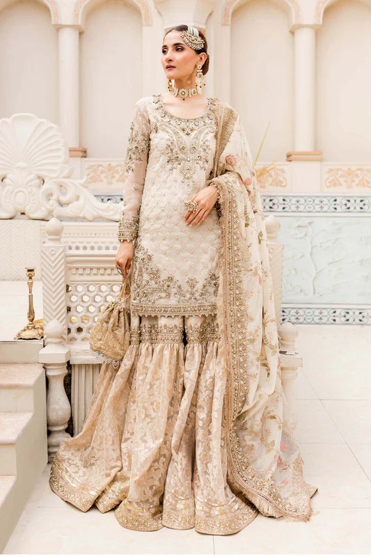 Maria B. Couture Ivory Gold by Ayzal Fatimah | Nikah Series Hand Embellished Organza 4pcs Suit